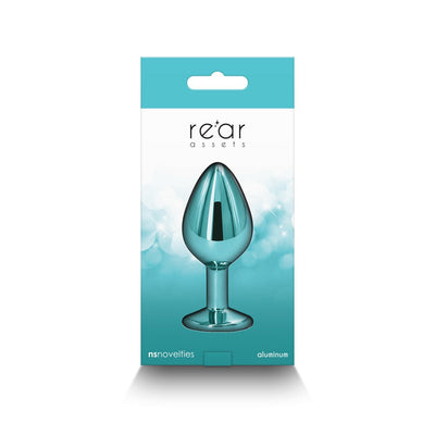 Medium-sized chrome-plated aluminum anal plug in teal, displayed in branded retail packaging with blue and white design.