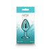 Medium-sized chrome-plated aluminum anal plug in teal, displayed in branded retail packaging with blue and white design.