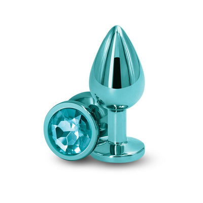 Medium-sized teal chrome-plated metal anal plug with a faceted gem base, shown on a white background.