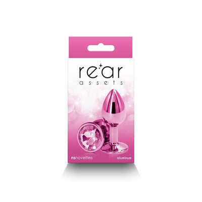 Small pink chrome-plated aluminum anal plug with faceted jewel base in retail packaging