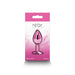 Small pink chrome-plated aluminum anal plug in retail packaging with Rear Assets branding and pink gradient background.