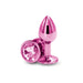 Small pink chrome-plated metal anal plug with faceted gem base, compact and polished for a sleek finish.