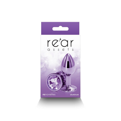 Small chrome-plated aluminum anal plug with purple jewel base in purple and white Rear Assets packaging box.