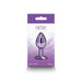 Purple chrome-plated small metal anal plug in branded Rear Assets packaging with purple and white design.