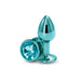Small turquoise metal anal plug with a faceted gem base, polished and reflective surface.