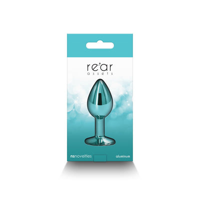 Small teal chrome-plated aluminum anal plug in retail packaging with Rear Assets branding.