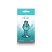 Small teal chrome-plated aluminum anal plug in retail packaging with Rear Assets branding.