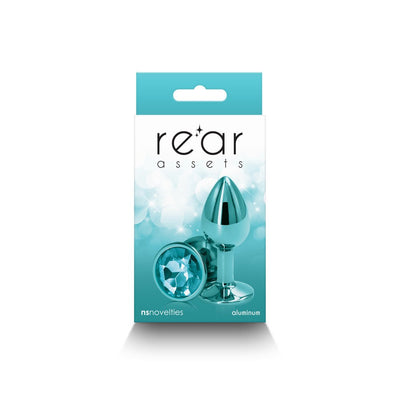 Small chrome-plated aluminum anal plug with blue gem base in turquoise and white packaging