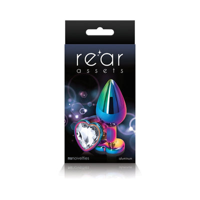 Multicolor chrome-plated medium-sized butt plug with heart-shaped gem base in retail packaging.