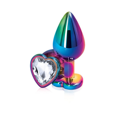 Multicolor chrome-plated medium butt plug with heart-shaped clear gem base on white background.