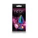 Multicolor chrome-plated medium aluminum butt plug with heart-shaped pink gem base in retail packaging.