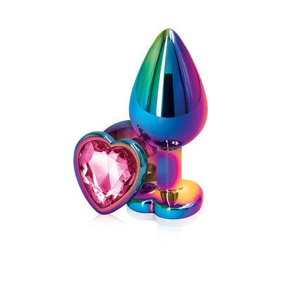 Multicolor chrome-plated medium-sized butt plug with a pink heart-shaped gem base on a white background.