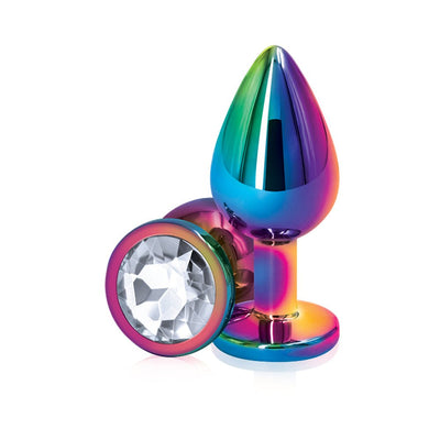 Multicolor medium-sized metal butt plug with a faceted clear gem base, featuring a smooth, tapered design.