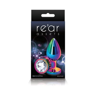 Multicolor medium-sized chrome-plated aluminum butt plug with a clear gem base in retail packaging.