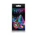 Multicolor medium-sized chrome-plated aluminum butt plug with jeweled base in vibrant packaging.