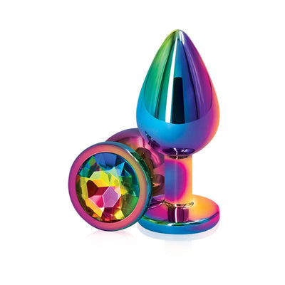 Multicolor medium-sized chrome-plated butt plug with a faceted jewel base for a stylish, discreet accessory.