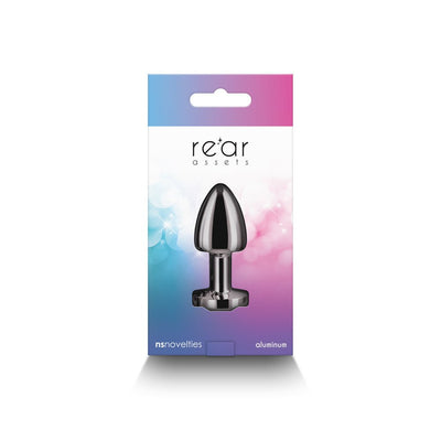 Compact gunmetal metal anal plug in sleek teardrop shape with flared base, packaged in colorful gradient box.