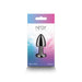 Compact gunmetal metal anal plug in sleek teardrop shape with flared base, packaged in colorful gradient box.