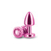 Petite pink metal anal plug with a smooth tapered shape and a jeweled base for decorative detail.