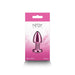 Pink chrome-plated petite metal anal plug in retail packaging with Rear Assets branding and aluminum label.
