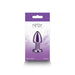 Purple petite metal anal plug in sleek packaging with Rear Assets branding and aluminum material noted.