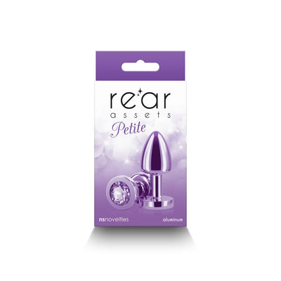 Purple petite metal anal plug with jeweled base displayed on purple and white packaging box.