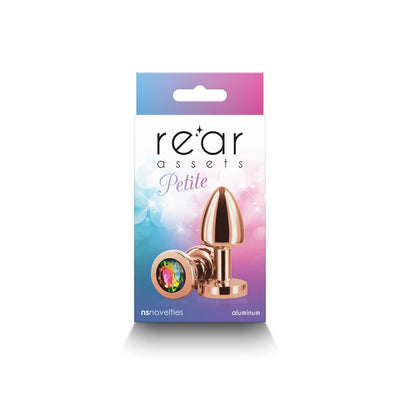 Rose gold petite metal anal plug with rainbow jewel base in colorful Rear Assets packaging