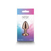 Rose gold petite metal anal plug in colorful gradient packaging labeled Rear Assets by NS Novelties