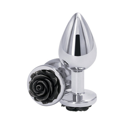 Medium-sized chrome-plated anal plug with a black rose design on the base, made of smooth aluminum.