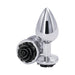 Medium-sized chrome-plated anal plug with a black rose design on the base, made of smooth aluminum.