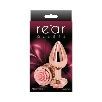Medium-sized rose gold aluminum anal plug with a detailed pink rose base on elegant packaging.