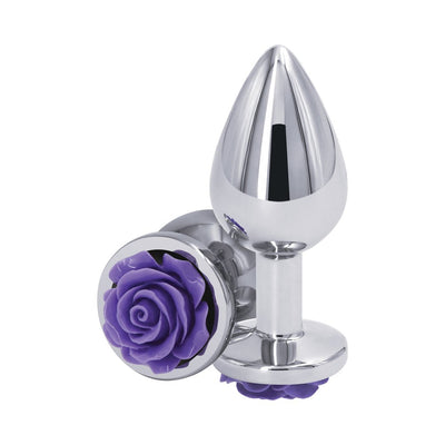 Medium-sized chrome-plated anal plug with a decorative purple rose base, made from smooth aluminum.