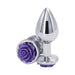 Medium-sized chrome-plated anal plug with a decorative purple rose base, made from smooth aluminum.
