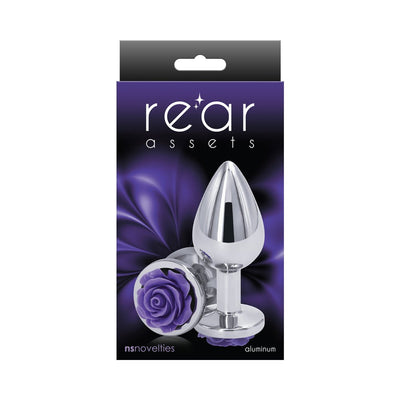 Medium-sized chrome-plated aluminum anal plug with a purple rose design on the base in black and purple packaging.