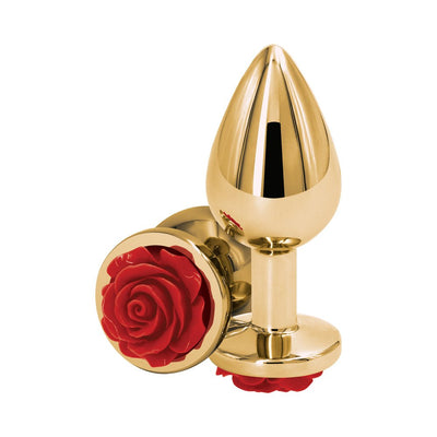 Medium-sized gold-toned metal anal plug with a decorative red rose base, polished and smooth finish.