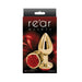 Gold-toned medium-sized aluminum anal plug with a red rose detail on the base, displayed on black and red packaging.