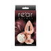 Medium-sized rose gold aluminum anal plug with white rose detail on the base, displayed on elegant packaging.