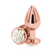 Medium-sized rose gold metal anal plug with a white rose detail on the base, polished and smooth finish.