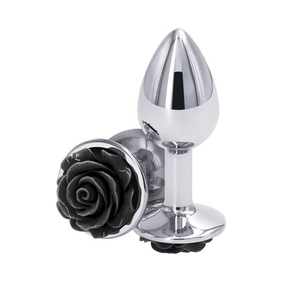 Small chrome-plated metal butt plug with a decorative black rose base, sleek and polished design.