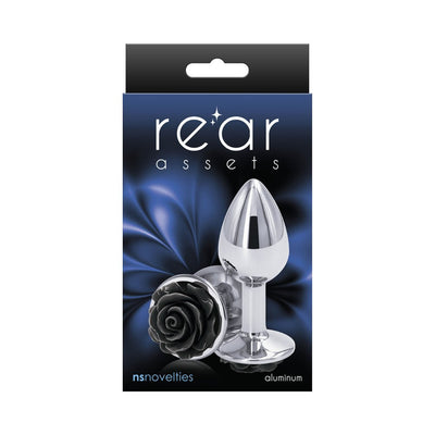Small chrome-plated aluminum butt plug with a black rose base displayed on blue packaging.