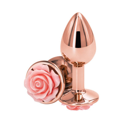 Small rose gold metal butt plug with a decorative pink rose base, polished and smooth finish.