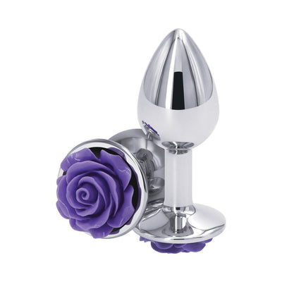 Small chrome-plated butt plug with a decorative purple rose base, designed for comfortable and stylish use.