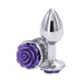 Small chrome-plated butt plug with a decorative purple rose base, designed for comfortable and stylish use.