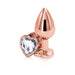 Rose gold medium-sized metal butt plug with a heart-shaped clear gem base on a white background.