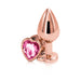 Rose gold medium-sized metal butt plug with a pink heart-shaped gem base on a white background.