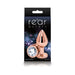Rose gold medium-sized aluminum butt plug with a clear gem base displayed on black packaging with Rear Assets branding.