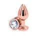 Rose gold medium-sized metal butt plug with a clear faceted gem base, polished finish.
