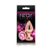 Rose gold medium-sized aluminum butt plug with a pink gem base displayed on black and purple packaging.