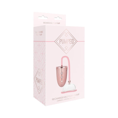 Packaging box for a rechargeable pink pussy pump with three speed settings and strong suction, featuring a sleek modern design.