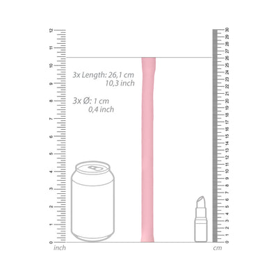 Pink flexible tube measuring 26.1 cm long and 1 cm in diameter shown with size comparison to a soda can and lipstick.